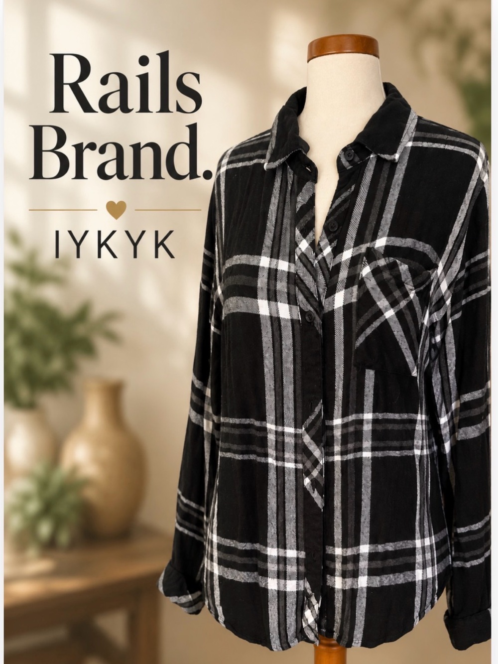 Rails Brand Women's Black and White Plaid Button-Up Shirt